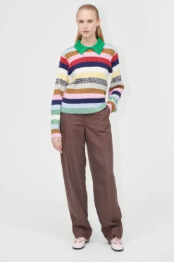 2386 Cotton Mix / Crochet Cotton, Mix Stripe Polo Collar Sweatersg-pf25-k033-2386